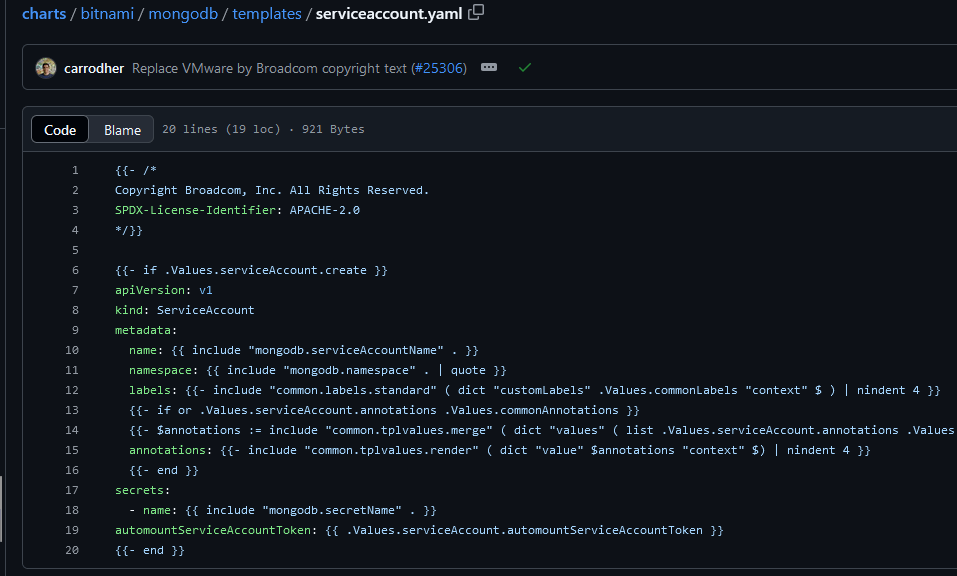 Plik serviceaccount.yaml od mongoDB rozszerzony o składnie szablonowania