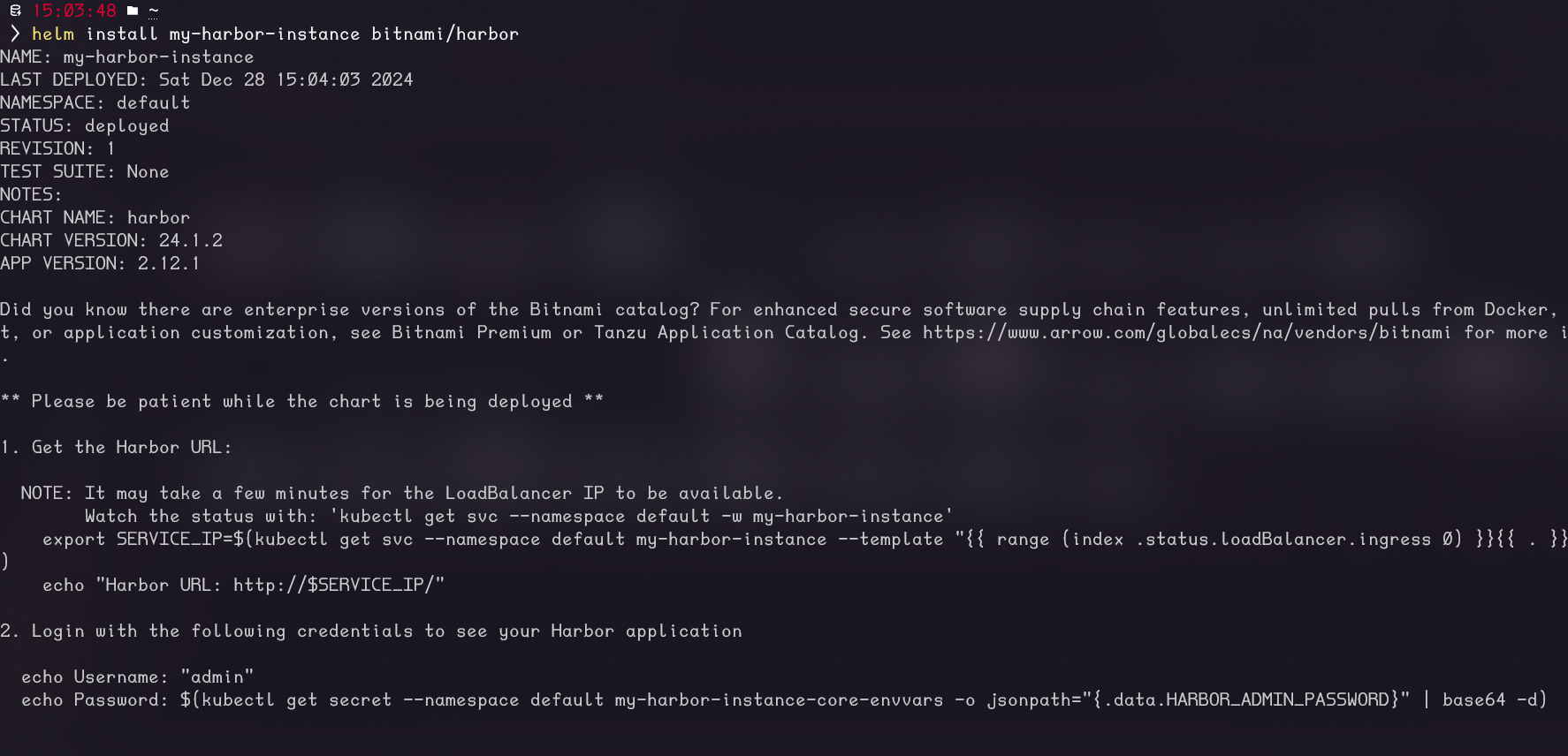 Installation Output with Instructions for Using Harbor